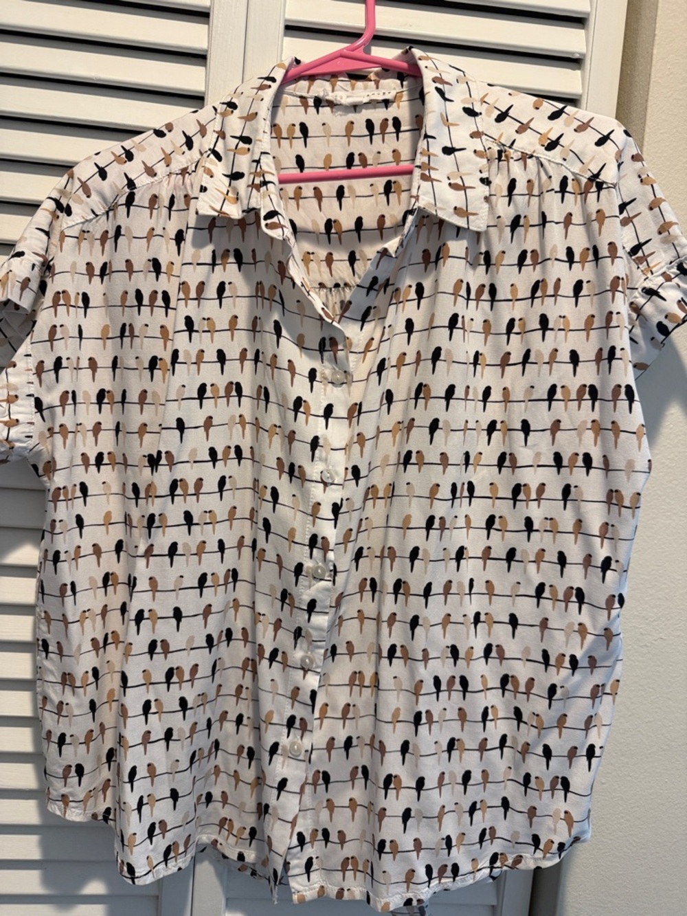 Jane and Delancey Button-Up Top with Black & Brown Bird Print. Women’s M.